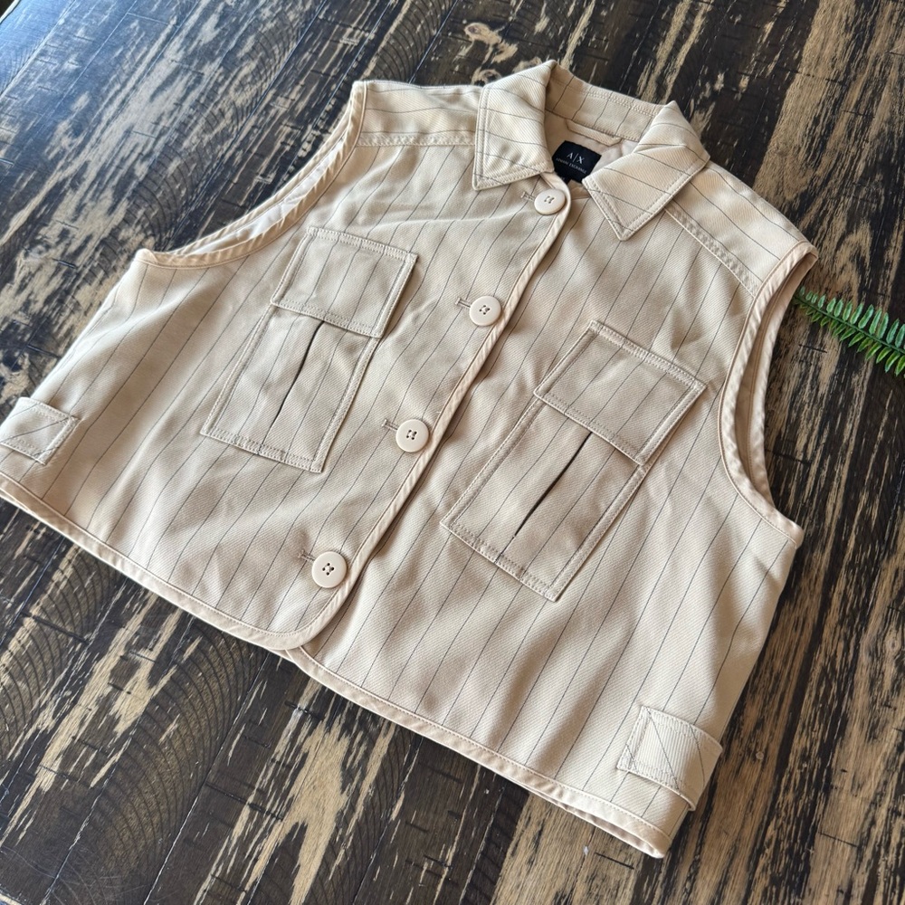 💫 ARMANI EXCHANGE Beige Pinstripe Utility Vest - XSMALL (Runs Large / Oversized)